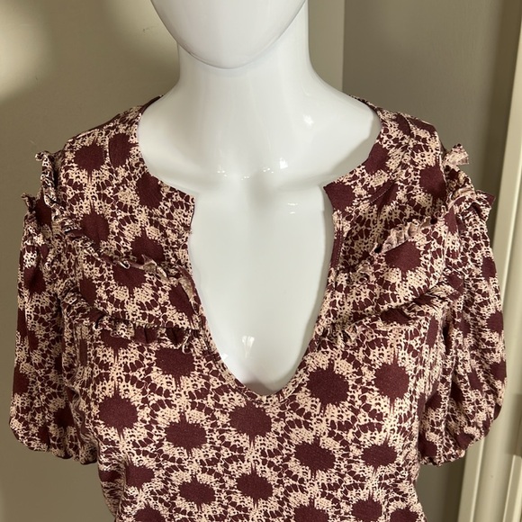 Nation Ltd Judith Yoked T Shirt Top Womens V Neck Puff Sleeve Ikat Sz XS - Picture 3 of 13